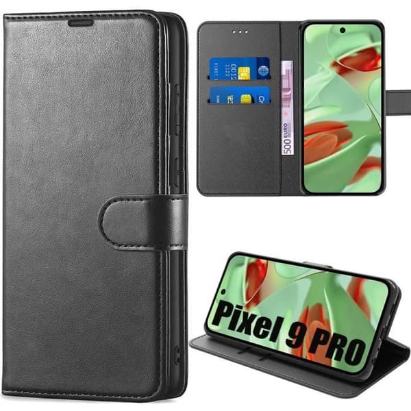 Plånboksfodral - E.F.CONNECTION - för Google Pixel 9 Pro - Syntetläder - Svart - Repåter - Flexibel Svart