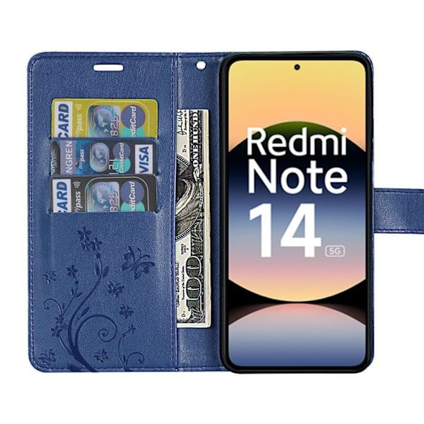 Coque för Xiaomi Redmi Note 14 5G (inte för 4G) Flip Case Syntetiskt Läder Mönster Upphöjd Blomma Fjäril - Mörkblå marinblå
