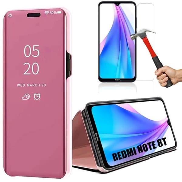 Coque - E.F.CONNECTION - För Redmi Note 8T - Härdat Glas - Spegeleffekt - Stötresistent rosa