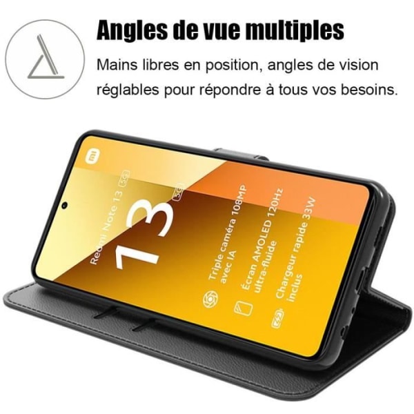 Coque - Xiaomi - Redmi Note 13 5G - Stötsäker - PU-läder - Flerpositionsstöd Svart