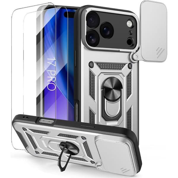 Skyddsskal - Silver - för iPhone 17 Pro - Stöttålig - Skjutbart kameracover - 2 härdade glas Silver