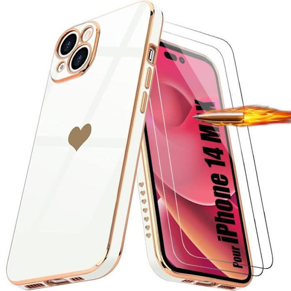 Etui til iPhone 14 Hvid stødsikker beskyttelse Hjertemønster + 2 hærdede briller
