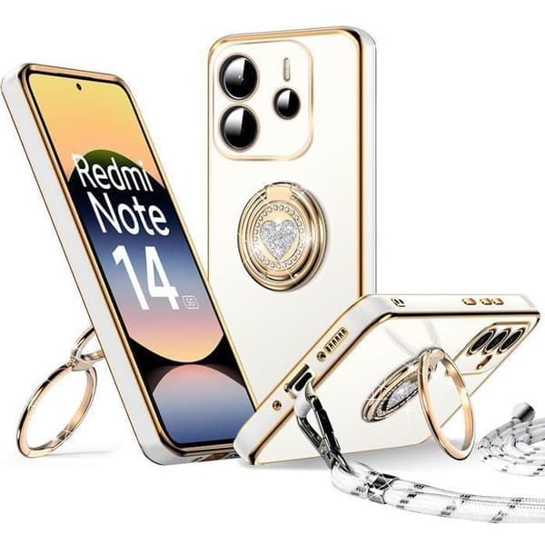 Skyddsskal för Xiaomi Redmi Note 14 5G - Mjuk silikon med snöre och ringstöd Vit