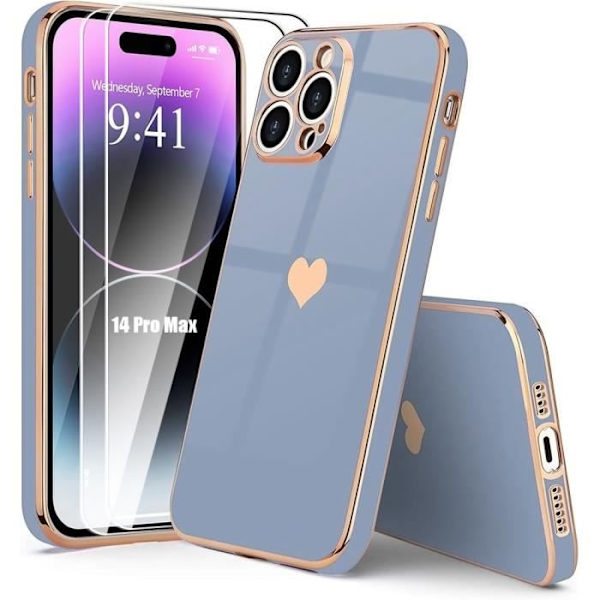 Etui + 2 hærdede briller til iPhone 14 Pro Max - Blå - Stødsikker silikone med guld- og belagt hjertekærlighedsmønster