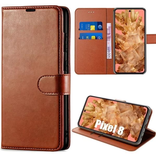 Coque - E.F.CONNECTION - För Google Pixel 8 - Brun PU-läder - Justerbart ställ - Magnetisk kastanj