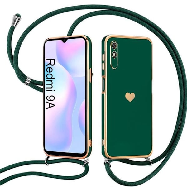 Fodral för Xiaomi Redmi 9A Midnight Green Soft TPU Stötsäkert Anti-Rapch Heart Mönster med justerbar axelrem