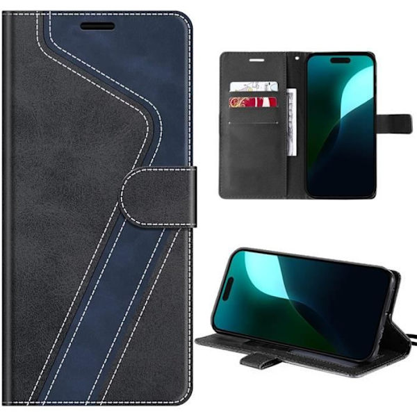 Fodral för iPhone 16, Anti-Scratch PU Läder Svart-Navy Tvåfärgad plånbok