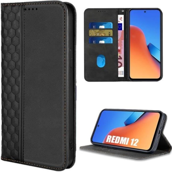 Coque - Xiaomi - Redmi 12 5G - Stødabsorberende Beskyttelse - Syntetisk Læder Sort - Mosaikmønster Svart