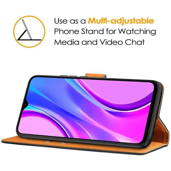 Xiaomi Redmi 9-fodral, skyddande plånboksfodral i PU-läder, kortplatser med stativfunktion och flik
