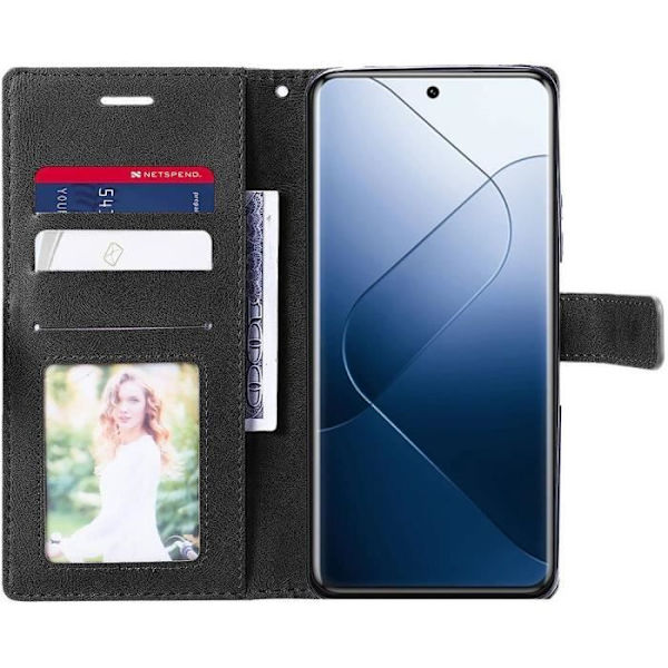 Taske til Xiaomi 14 Pro, Retro Anti-Shock lædereffekt etui med kortpladser og justerbar standerfunktion, sort