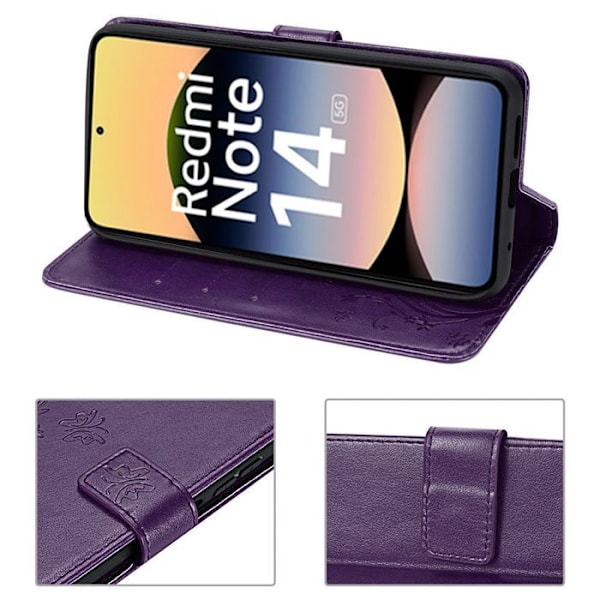 Coque för Xiaomi Redmi Note 14 5G (inte för 4G) Stöd mot Stötar Syntetiskt Läder Mönster Fjäril Blomma - Lila Natt Mörklila