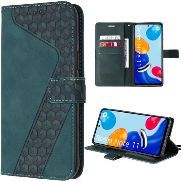 Etui til Xiaomi Redmi Note 11-Note 11S, isometrisk mønster PU-læder og TPU-etui med kortholder og stativ, grøn