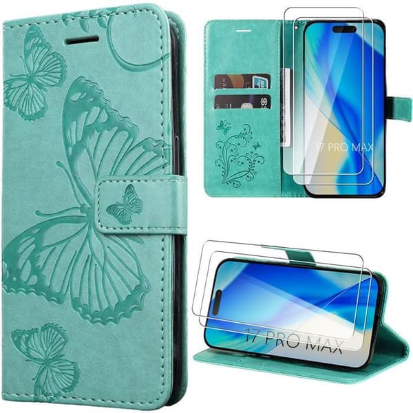 Fodral för iPhone 17 Pro Max, Stöttålig Syntetisk Läder Grön Fjärilsdesign + 2 Härdade Glas Grön
