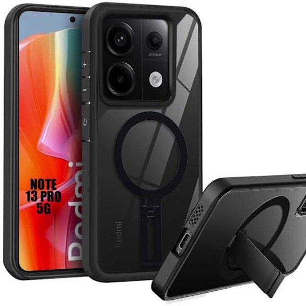 Coque til Xiaomi Redmi Note 13 Pro 5G (ikke til 4G) Hybridbeskyttelse med justerbar magnetisk holder Sort Transparent, svart