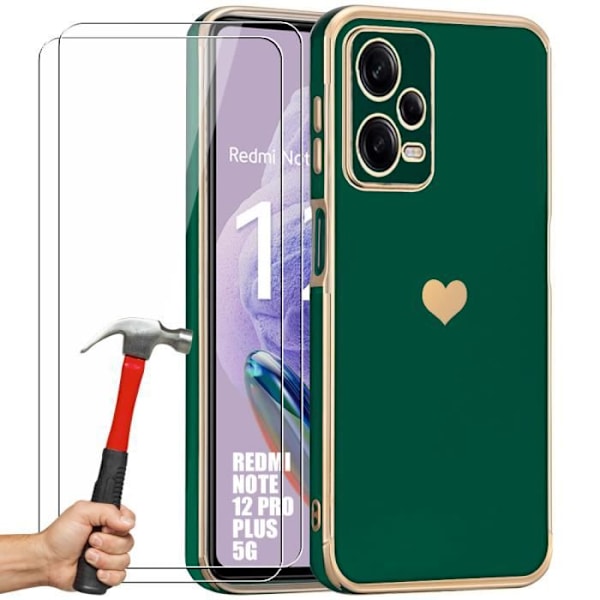 Skyddsfall för Xiaomi Redmi Note 12 Pro Plus 5G - Xiaomi - Nattgrön - Hjärtmönster - 2 härdade glas - Stöttålig Midnattsgrönt