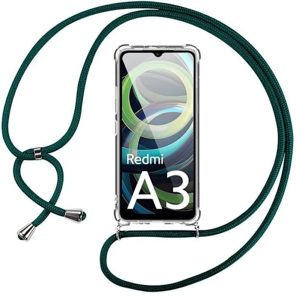 Coque Silikone - Xiaomi - Redmi A3 - Stødabsorberende Beskyttelse - Justerbar Snor - Transparent Midnattsgrönt