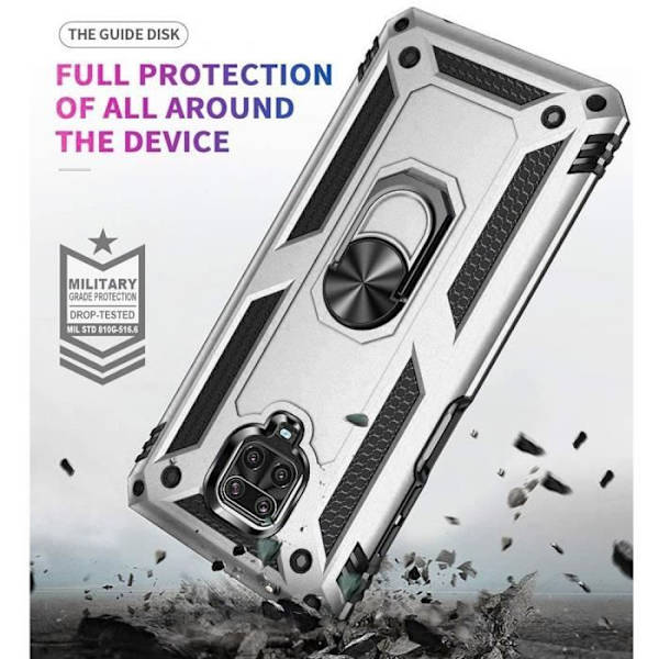 Etui til Redmi Note 9S (6,67") + Ringstøtte af hærdet glas Forstærket beskyttelse Forstærket kant sølv metalplade Silver