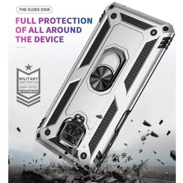 Fodral för Redmi Note 9S (6,67") + Ringstöd i härdat glas Förstärkt skydd Förstärkt kant Silvermetallplatta