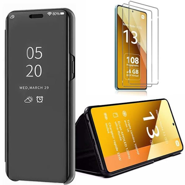 Fodral för Xiaomi Redmi Note 13 5G (inte för 4G) + 2 härdade glasögon, Smart Fodral Clear View 360° Stötsäker svart