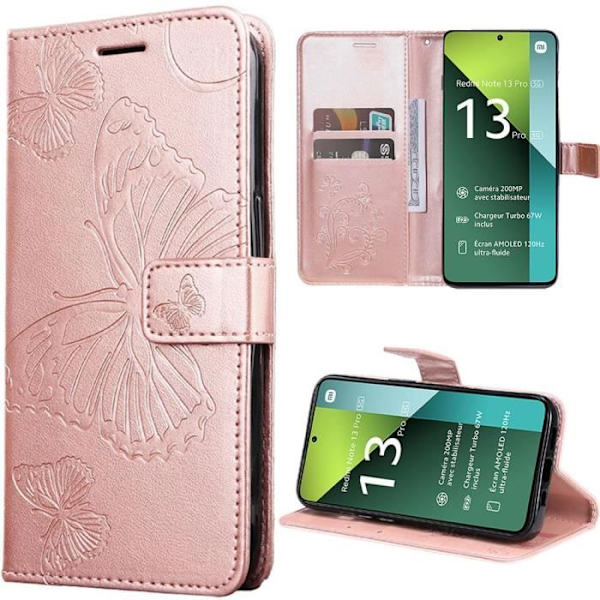 Skydd för Xiaomi Redmi Note 13 Pro 5G - E.F.Connection - Fjärilsmönster - Syntetiskt läder - Kortfack - Ställsats Rosa