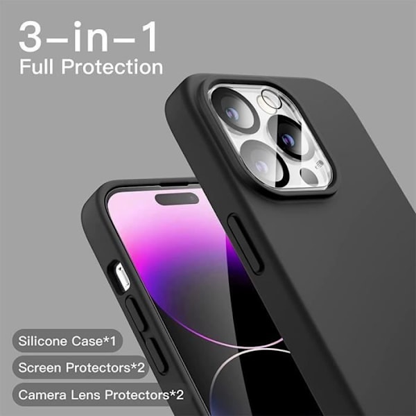 Cover til iPhone 14 Pro (6,1") TPU sort + 3 hærdede briller og 2 bagkamerabeskyttelse