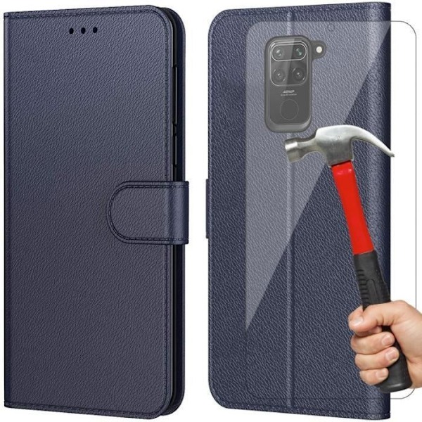 Skyddsfodral - E.F.CONNECTION - för Redmi Note 9 - Mörkblå Läderlook - Paket med 2 Härdat Glas marinblå