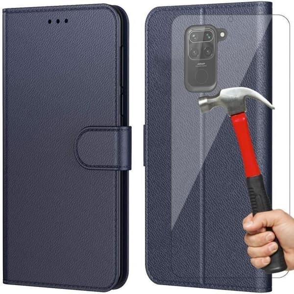 Skyddsskal - E.F.CONNECTION - Redmi Note 9 - Mörkblå Lädereffekt - Paket med 2 Härdade Glas marinblå