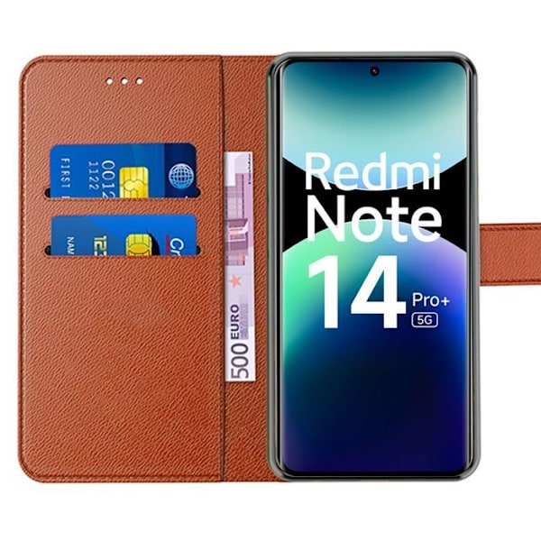 Coque + 2 Härdat Glas för Xiaomi Redmi Note 14 Pro Plus 5G, Flip Fodral i PU Läder Brun Stöttålig kastanj