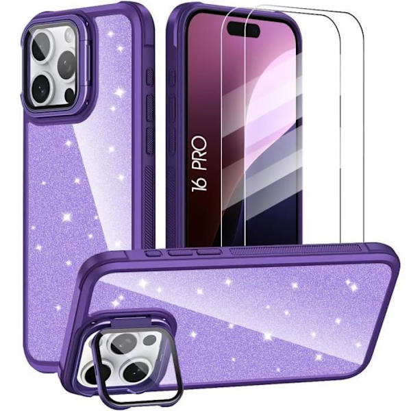 Etui + 2 hærdede briller til iPhone 16 Pro, gennemsigtig glitter stødsikker beskyttelse med kamerabeskyttelse - lilla