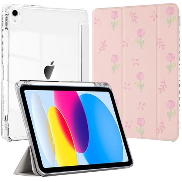 Skyddsfodral - E.F.Connection - för iPad A16 (11") / för iPad 10 - Blommönster - Fällbart Stöd - Transparent Rosa, Grön
