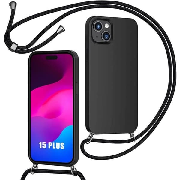 Coque - E.F.CONNECTION - för iPhone 15 Plus - Flytande Silikon - Mjuk - Hållbar Elastisk Sladd Svart
