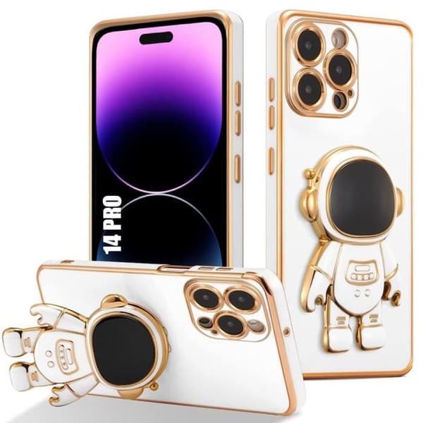 Skal för iPhone 14 Pro - Vit - Flexibel TPU - Slim - Justerbart Stöd - Astronautmönster Vit