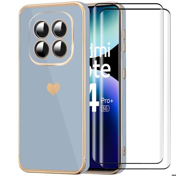 Skyddsfodral för Xiaomi Redmi Note 14 Pro Plus 5G/Note 14 Pro+ 5G, TPU Blå Hjärtmönster + 2 Härdade Glas Blå