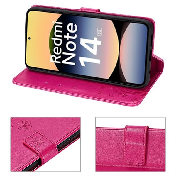 Coque för Xiaomi Redmi Note 14 5G (inte för 4G) Stötskydd Syntetisk Läder Blommönster Fjäril - Fuchsia Fuchsia
