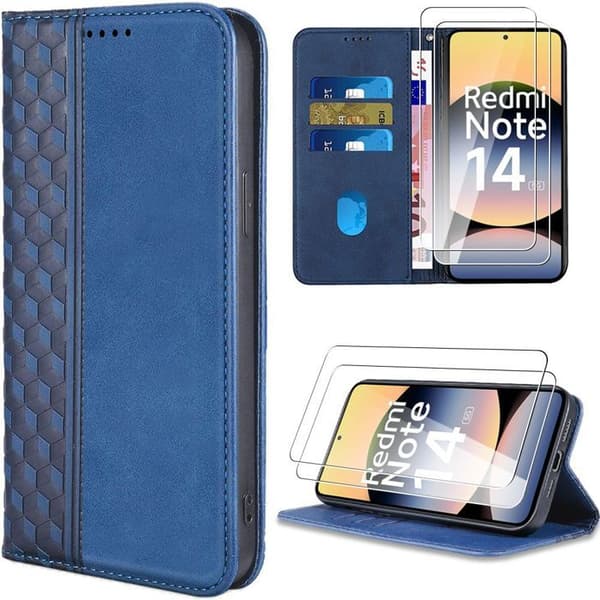 Coque - E.F.CONNECTION - För Xiaomi Redmi Note 14 5G - Blå Marin PU-läder - 2 Härdade Glas - Stötsäker marinblå