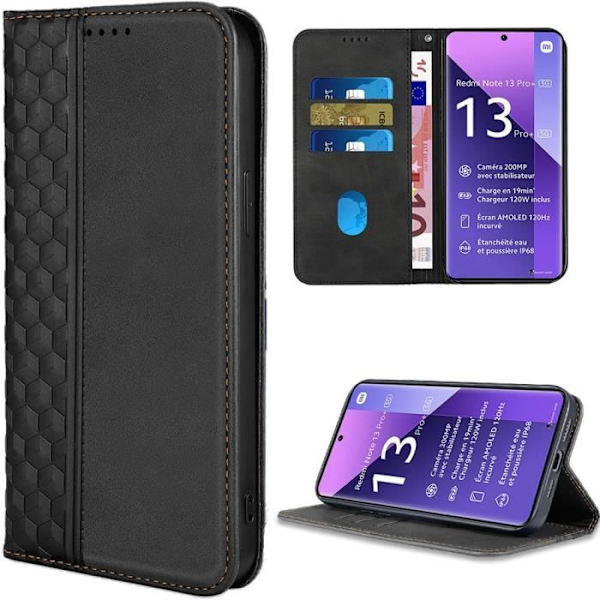 Coque för Xiaomi Redmi Note 13 Pro+ 5G - E.F.Connection - Etui Svart PU Läder - Stöd Bädd - Magnetisk - Mjuk Svart