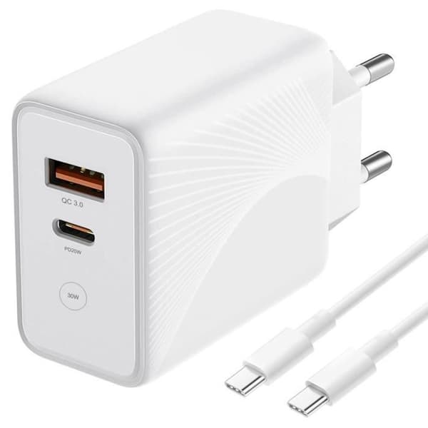 Laddare - E.F.ANSLUITNING - 30W 2-Port - PD 20W - QC 3.0 - USB-C 1M Vit