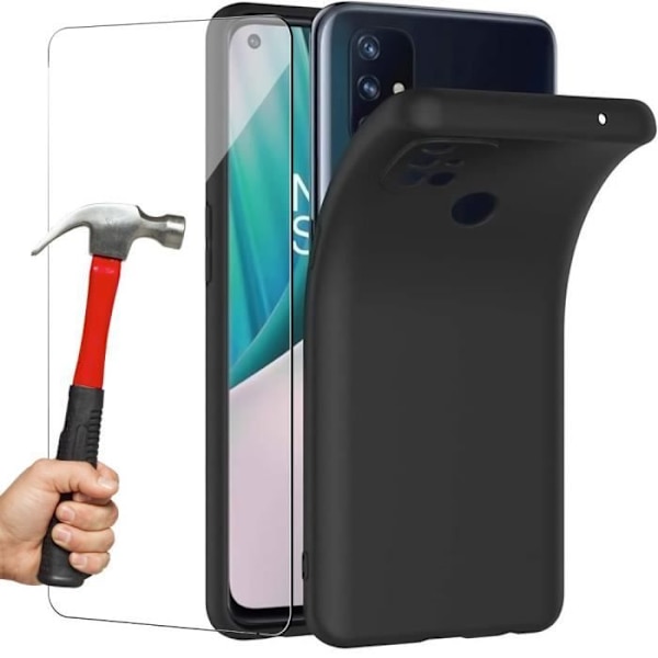 Skyddsfodral för One Plus Nord N10 5G - E.F.CONNECTION - Svart silikon - Mjukt - Härdat glas ingår Svart