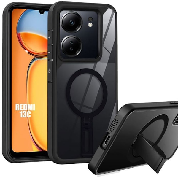 Skyddande silikon PC transparent antishock med svart magnetiskt stativ för Xiaomi Redmi 13C Transparent, svart