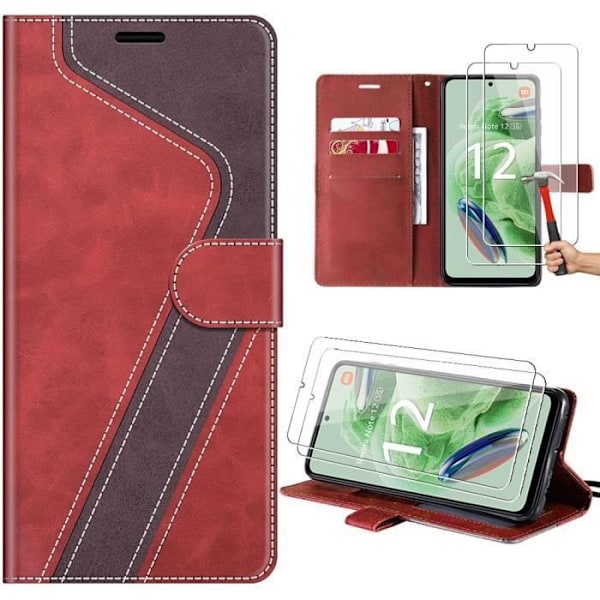 Coque - E.F.Connection - för Xiaomi Redmi Note 12 5G - Syntetiskt Läder Röd-Brun - med 2 Härdat Glas Rödbrun