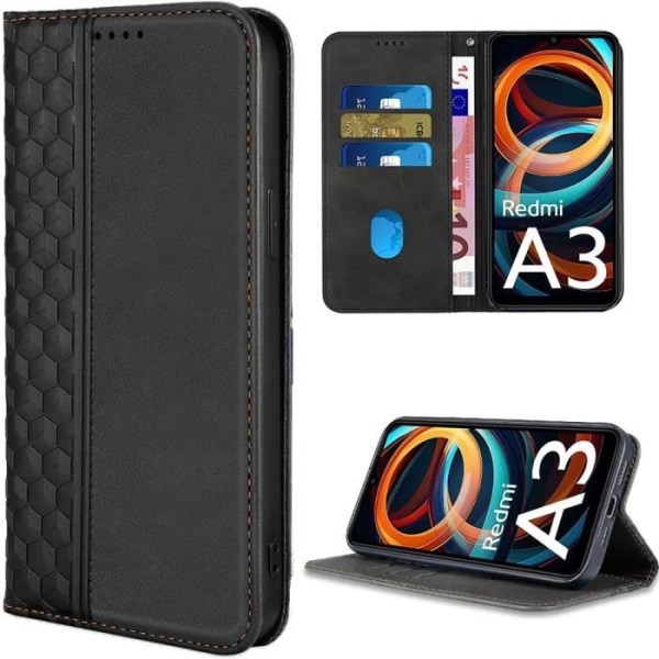 Fodral till Xiaomi Redmi A3 - Svart - Stötsäkert foliofodral i syntetiskt läder med korthållare och stativ, mosaikmönster Svart