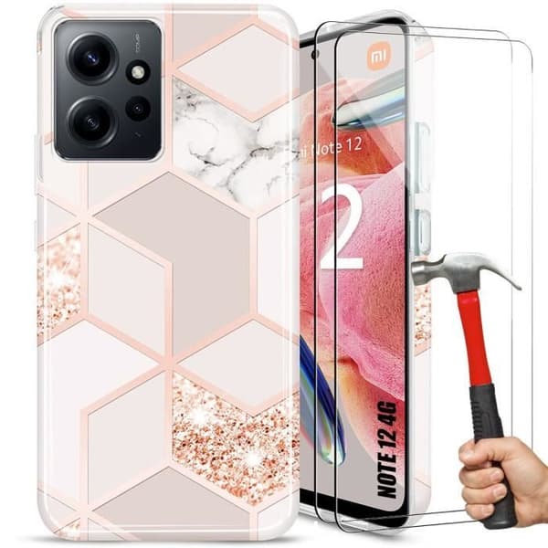 Skyddsskal - E.F.CONNECTION - För Xiaomi Redmi Note 12 - Marmor Rosa Mönster - 2 Härdade Glas - Silikon Rosa