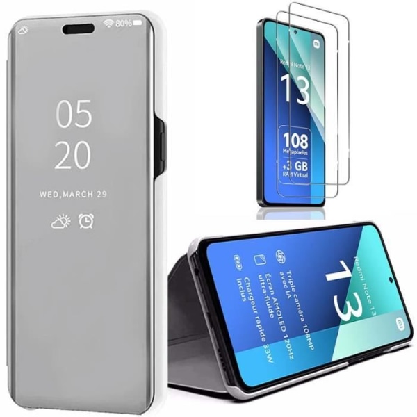 Fodral + 2 härdade glasögon för Xiaomi Redmi Note 13 4G (ej för 5G), spegeleffekt flipskydd med stöd, 360° stötsäker, silver