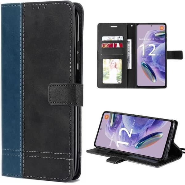 Flip Cover för Redmi Note 12 Pro+ - Note 12 Pro Plus - Lädereffekt Marinblå-Svart