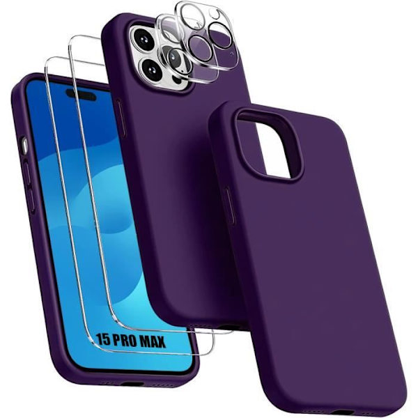 Fodral för iPhone 15 Pro Max - Mörklila TPU-skydd + 2 härdade glasögon och 2 bakre kameraskydd