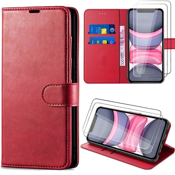 Skyddande Fodral + 2 Doppade Glas för iPhone 11, Röd Kunstläder Med Anti-Ripsskydd Röd
