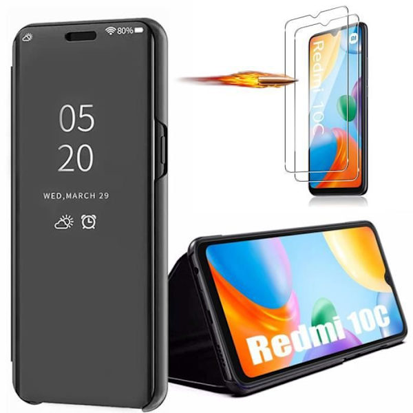 Fodral till Xiaomi Redmi 10C + 2 härdade glasögon - Stötsäkert spegeleffektskydd Svart