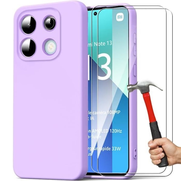 Fodral till Xiaomi Redmi Note 13 4G (inte för 5G) - Skyddande flytande silikon Lila matteffekt + 2 härdade glasögon