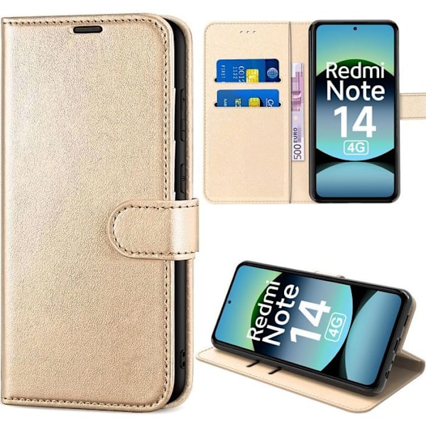 Skydd för Xiaomi Redmi Note 14 4G (ej för 5G) Flip-fodral i mjukt syntetiskt läder, stötsäker, repfria - Guld gyllene