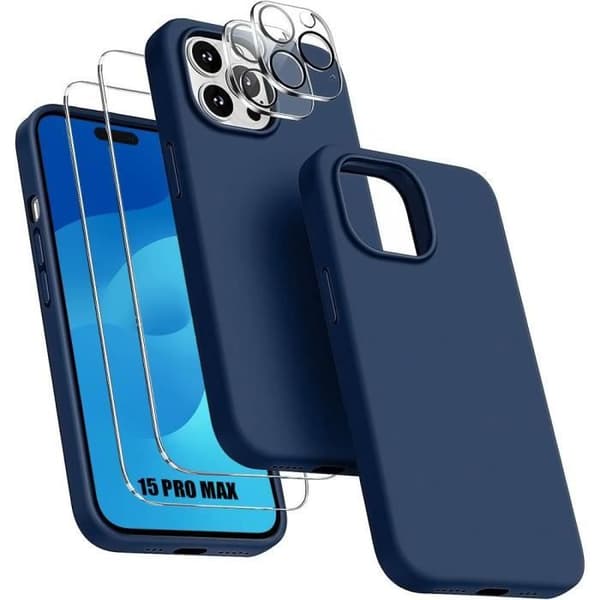 Skyddsfodral för iPhone 15 Pro Max - Flytande silikon - Mörkblå - 2 härdade glas - Skydd för baksidan av objektivet